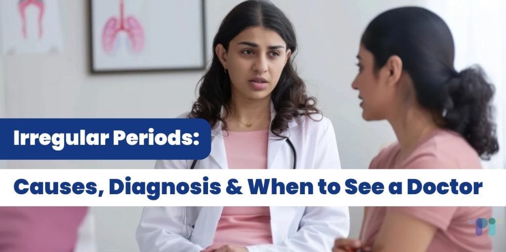Illustration showing causes and symptoms of irregular menstrual periods in women.