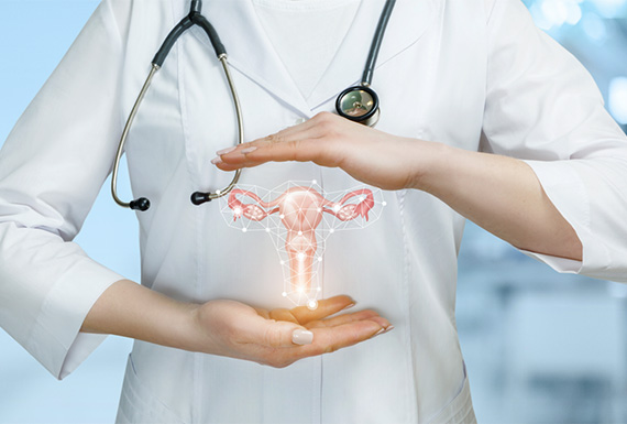A female gynaecologist consulting with a patient in a modern clinic setting.